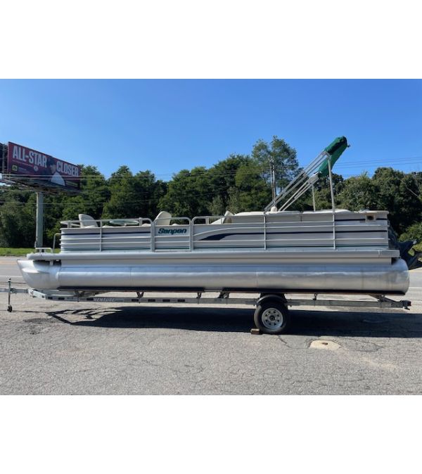 NEW UPHOLSTERY ! 1994 Sanpan Pontoon, Yamaha 115 and trailer 